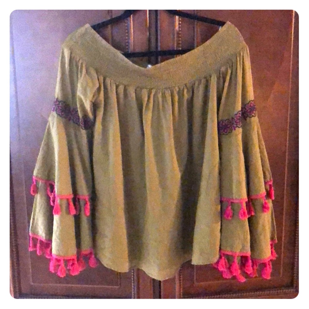 Olive green blouse w/hot pink tassels